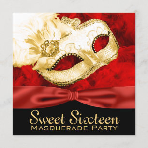 Convite Partido Red Dourado Feather Sweet 16 Mascarada