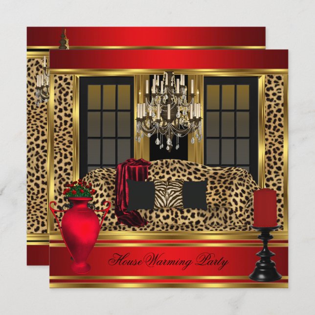 Convite Partido Red Housearming Chandelier Leopard Dourado (Frente/Verso)