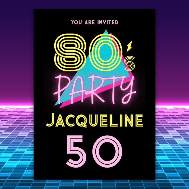 Convite Partido Retro 80s Neon Pink 50th Birthday (Criador carregado)