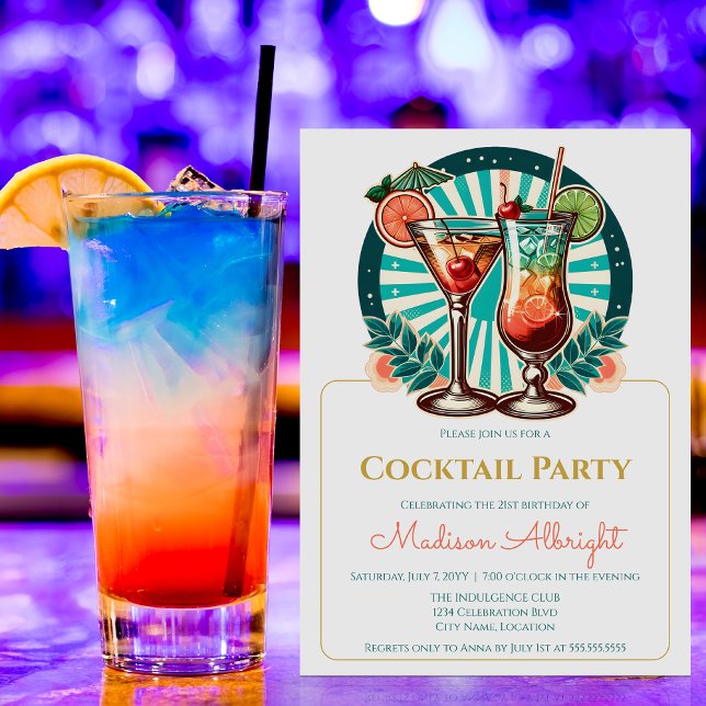 Convite Partido Retro Cocktail (Retro cocktail party invitation front view.)