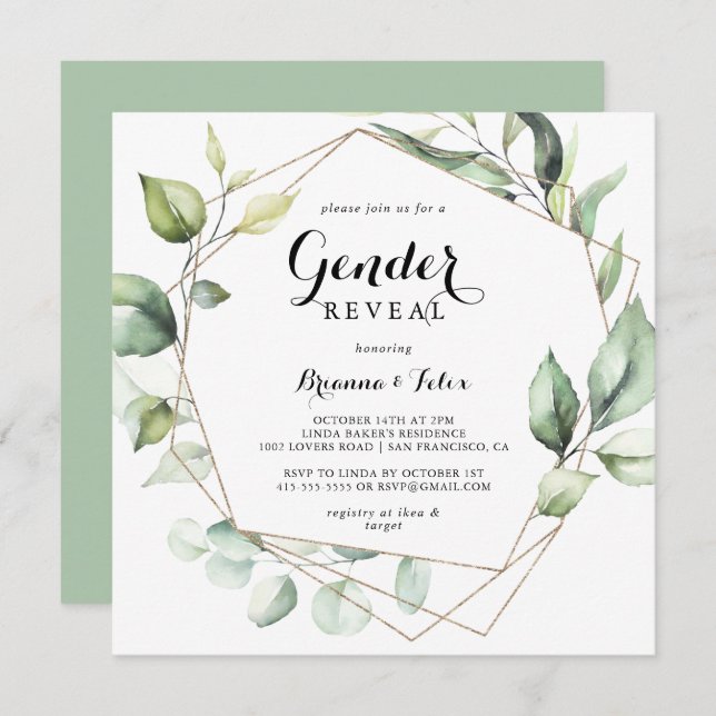 Convite Partido Revelador Geométrico Elegante Dourado do G (Frente/Verso)