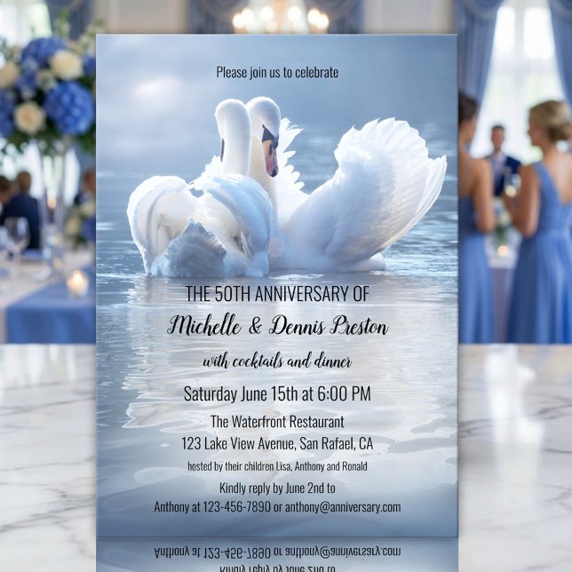 Convite Partido Românico do Lago Swan (Wedding anniversary invitation featuring two swans in love on a hazy sunlit lake)