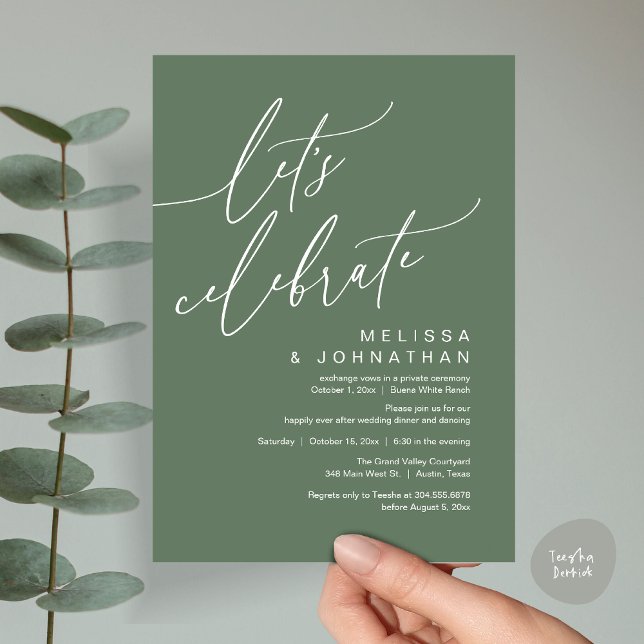 Convite Partido Romântico do Elopemento de Casamento de Ce (Let's Celebrate, Romantic Charm Wedding Elopement Dinner Party Brunch Invites Card PDF Sage Green)