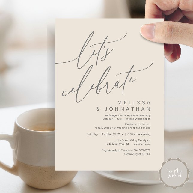Convite Partido Romântico do Elopemento de Casamento de Ce (Let's Celebrate, Romantic Charm Wedding Elopement Dinner Party Brunch Invites Card PDF Grey Cream)
