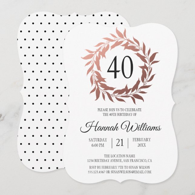 Convite Partido rosa Dourado Wreath aniversário de 40 anos (Frente/Verso)