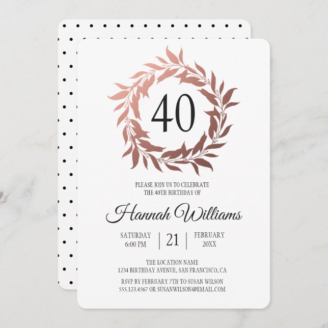 Convite Partido rosa Dourado Wreath aniversário de 40 anos (Frente/Verso)