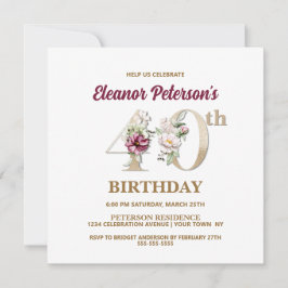 Convite Partido rosa Floral E aniversário de 40 anos