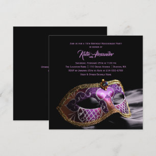 Convite Partido roxo preto elegante do mascarada do doce