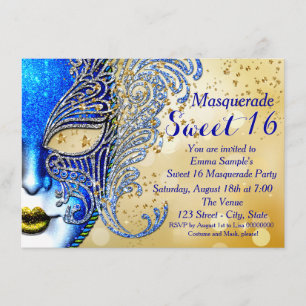 Convite Partido Royal Blue e Dourado Sweet 16 Mascarada