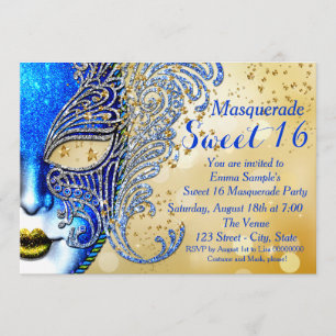 Convite Partido Royal Blue e Dourado Sweet 16 Mascarada