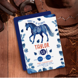 Convite Partido Russo Blue Horse Pony Western Watercolor