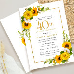 Convite Partido Russo do aniversário de 40 anos de Girasso<br><div class="desc">convite de festas floral amarelo bonito de girassol. Peônias amarelas e margaridas brancas se misturam com os girassóis. Um quadro retangular de ouro lhe dá uma vibração elegante. A celebração do aniversário de 40 anos e o nome do celebrante são escritos em ouro. Muito fácil de personalizar. Essa parte de...</div>