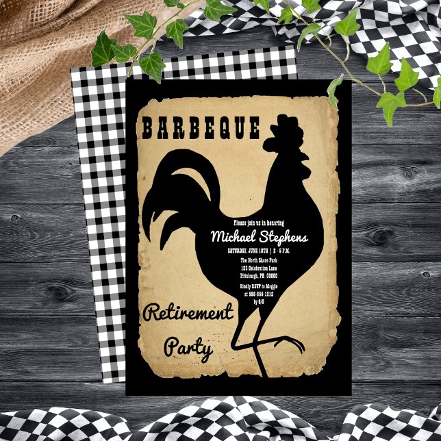 Convite Partido Russo do Aposentamento de Frango Barbeque (Rustic Country Rooster Chicken BBQ Retirement Party Invitation)