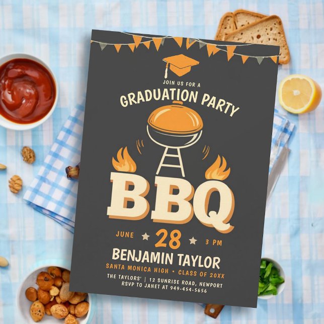 Convite Partido Russo do CHURRASCO de Graduação - País Neg (male high school graduation party ideas bbq party invitations college grad template rustic backyard )