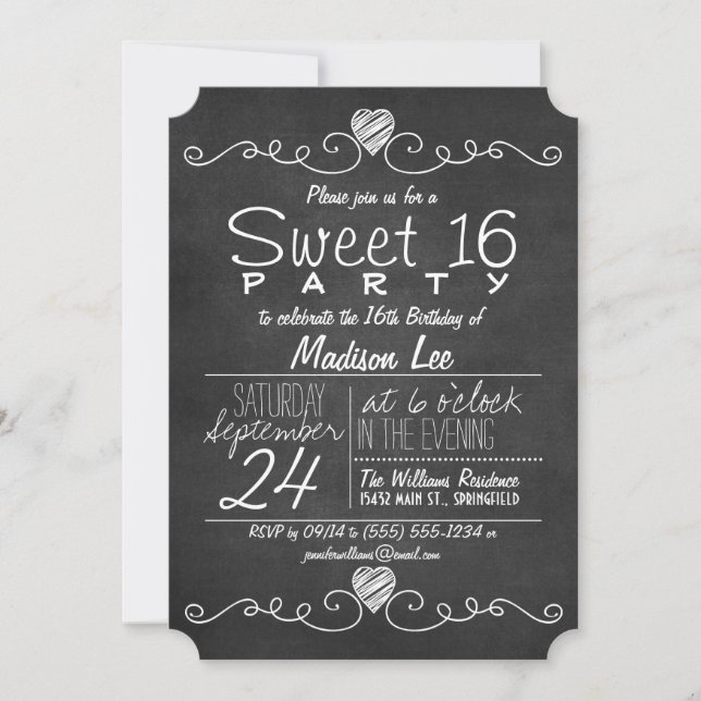 Convite Partido Rustic Black & White Chalkboard Sweet 16 (Frente)