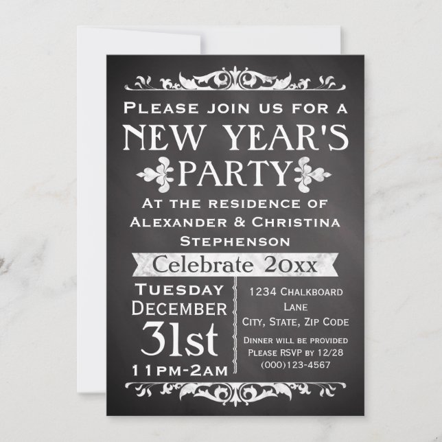 Convite Partido Rustic Chalkboard Slate New Year (Frente)
