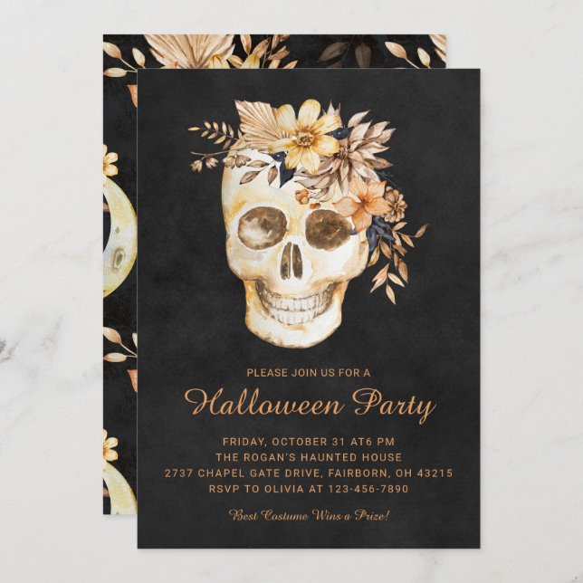 Convite Partido Rustic Floral Skull Halloween (Frente/Verso)