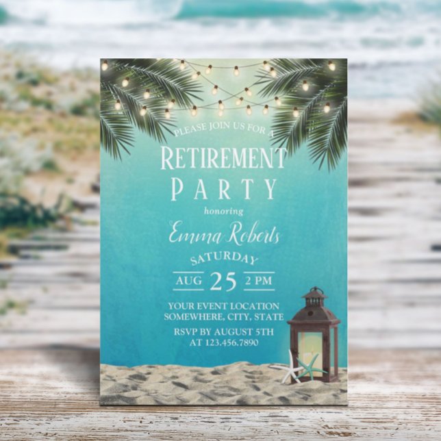 Convite Partido Rustic Lantern Beach Palm Retirement Party (Criador carregado)