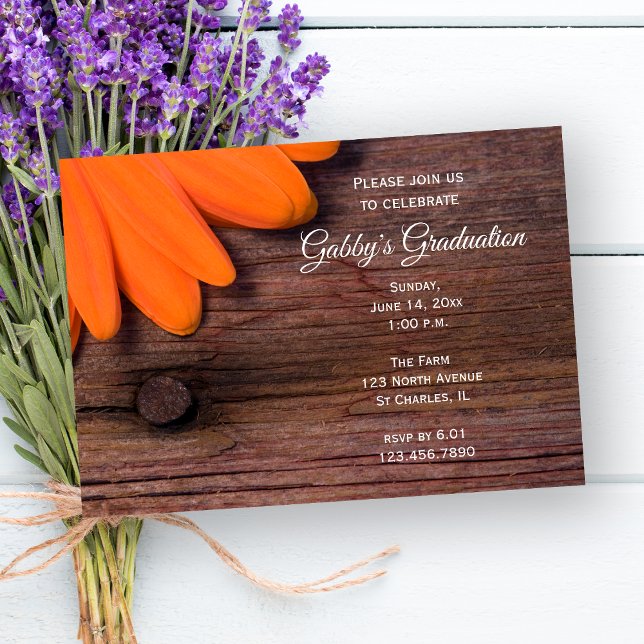 Convite Partido Rustic Orange Daisy Graduation Barn (Criador carregado)