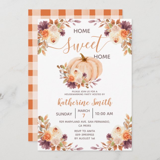 Convite Partido Rustic Orange Pumpkin Floral Housearming P (Frente/Verso)