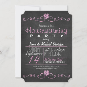 Convite Partido Rustic Pink & White Chalkboard Housearming