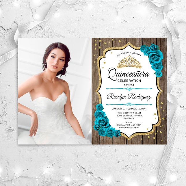 Convite Partido Rustic Quinceanera Com Foto - Dourado Teal (Criador carregado)