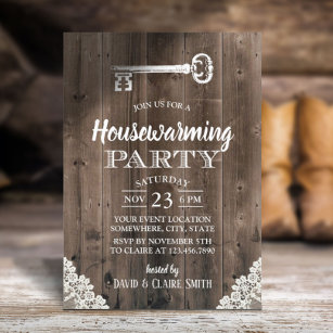 Convite Partido Rustic White Lace Antique Key Housearming