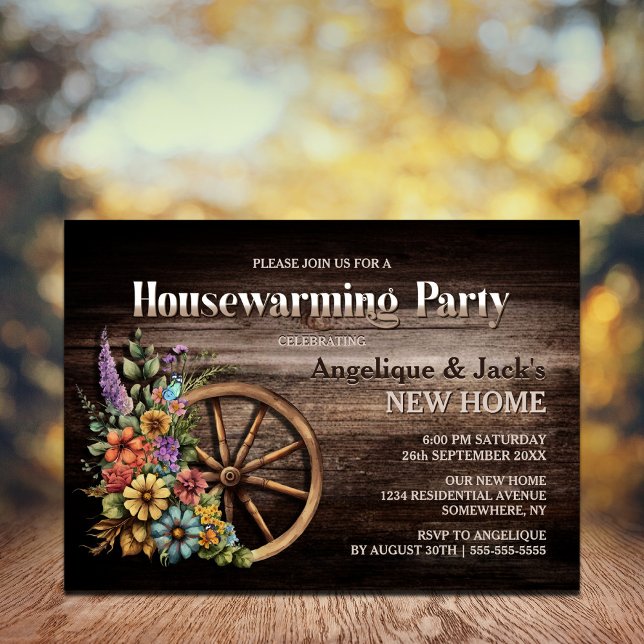 Convite Partido Rustic Wood Floral Wagon Wheel (Criador carregado)