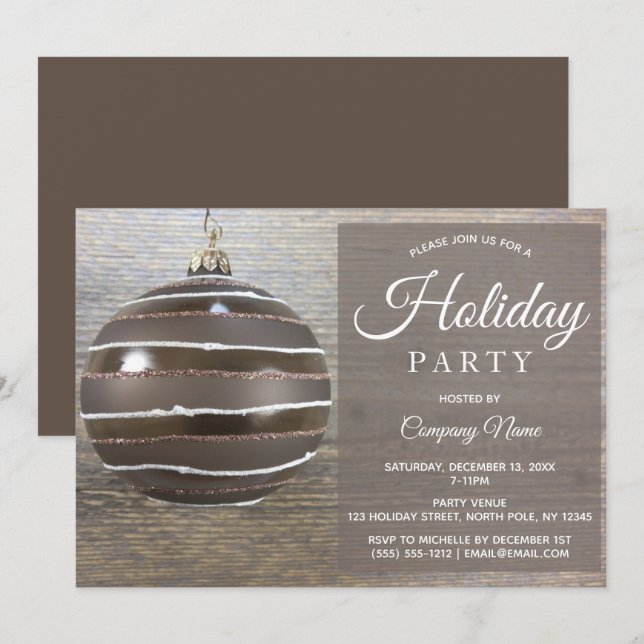 Convite Partido Rustic Wood Ornament Corporate Holiday (Frente/Verso)