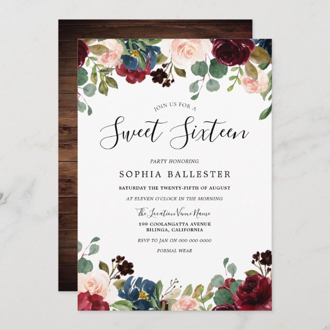 Convite Partido Rustic Wood Red Burgundy Floral Sweet 16 (Frente/Verso)