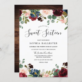 Convite Partido Rustic Wood Red Burgundy Floral Sweet 16