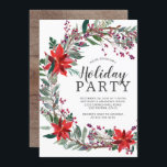 Convite Partido Rustic Wreath Holiday<br><div class="desc">Linda poinsettia vermelha de aquarela,  coroa oca-branca e coroa-pinheira,  coroa cortada com madeira marrom para um toque rústico.</div>