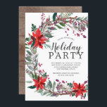 Convite Partido Rustic Wreath Holiday<br><div class="desc">Linda poinsettia vermelha de aquarela,  coroa oca-branca e coroa-pinheira,  coroa cortada com madeira marrom para um toque rústico.</div>