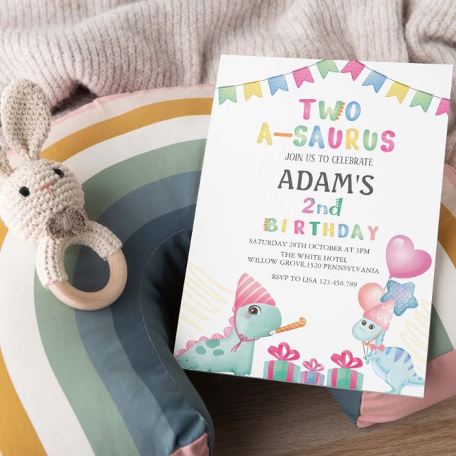 Convite Partido segundo aniversário Dois Dinossauro Azul (Criador carregado)