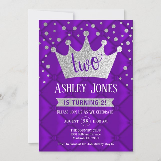 Convite Partido segundo aniversário - Prata Roxa Real (Frente)