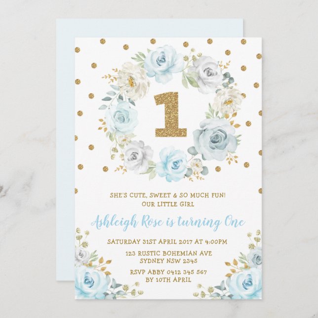 Convite Partido selvagem do primeiro aniversario floral (Frente/Verso)