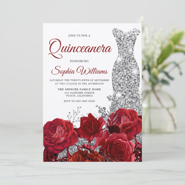 Convite Partido Shimmer Quinceanera das Rosas vermelhas Si (Em pé/Frente)