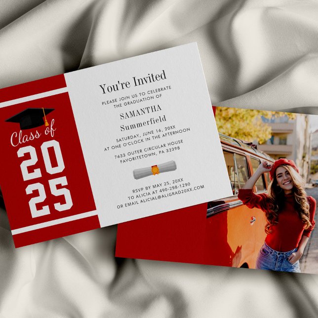 Convite Partido Simple Red White Graduation Photo Formando (Graduation 2025 Photo Red and White Party Invitation)