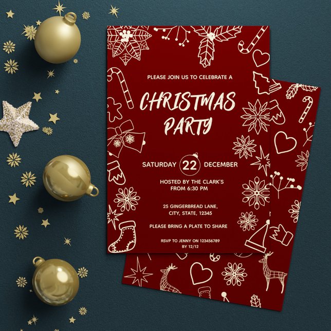 Convite Partido Simples Moderno Vermelho Escuro e Elegante (Simple Modern Dark Red and Gold Elegant Xmas Party Invitation)