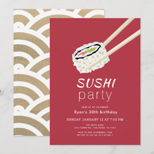 Convite Partido Sushi Simples Borgonha e Dourado Aniversár
