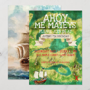 Convite Partido Tema Pirata   Mapa do tesouro de aquarela