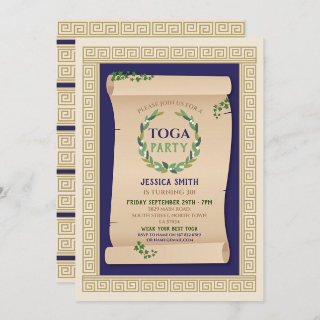 Convite Partido Toga Antiga Romana Aniversário Ivy Scroll (Frente/Verso)