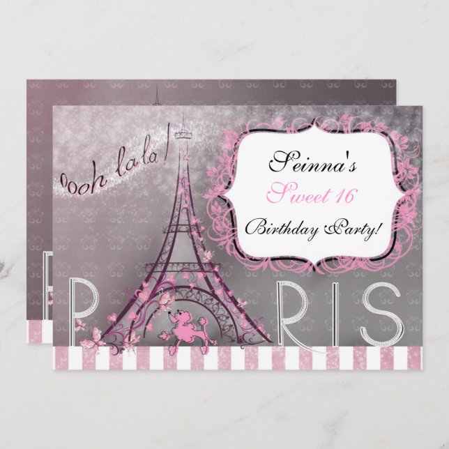 Convite Partido Torre Eiffel de Chic Sparkle Paris Sweet 1 (Frente/Verso)
