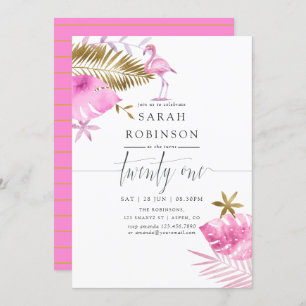 Convite Partido Tropical Flamingo, Rosa e Dourada