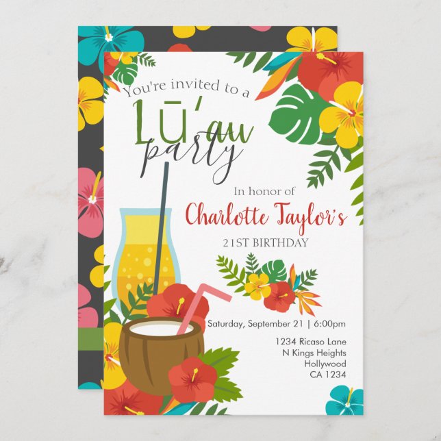 Convite Partido Tropical Flor Luau (Frente/Verso)