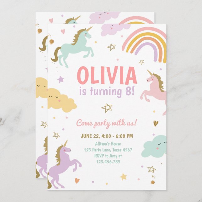 Convite Partido Unicórnio - Arco-Íris Mágico Unicórnio Nas (Frente/Verso)