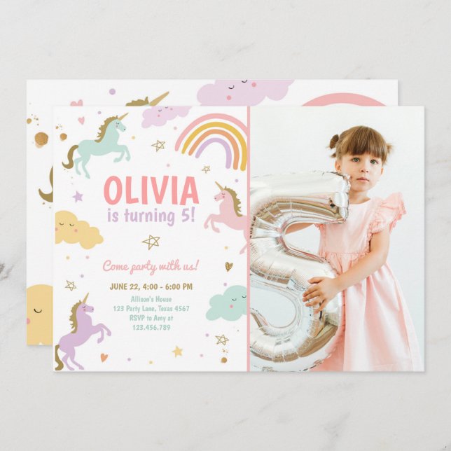 Convite Partido Unicórnio - Arco-Íris Mágico Unicórnio Nas (Frente/Verso)