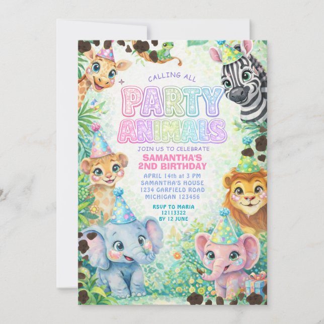 Convite Party Animals Birthday Colorful Rainbow  (Frente)