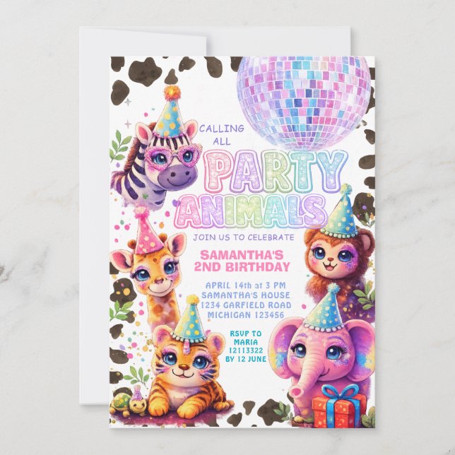 Convite Party Animals Birthday Invitation | Rainbow Disco (Frente)
