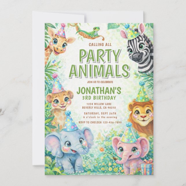 Convite Party Animals Birthday Invitation | Safari Animal  (Frente)